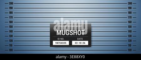 Sfondo della linea di foto della polizia con scala di misurazione dell'altezza, mug della prigione con parete scura per l'identificazione criminale, l'arresto e il ritratto dei sospetti. Sfondo a strisce vettoriali con grafico in pollici e centimetri Illustrazione Vettoriale