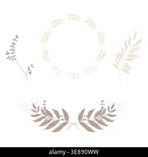 Ramoscelli con foglie e una cornice floreale, il set è disegnato a mano. Illustrazione vettoriale. Disegno di rami boschivi di alberi e prati, isolati su Illustrazione Vettoriale