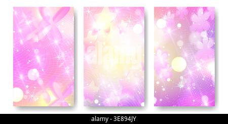 Sfondo rosa Y2K con graziosi effetti anime scintillanti e un design colorato pastello kawaii da sogno. Elementi a stella morbidi sul cielo arcobaleno per una carta da parati fantasia alla moda con un bagliore magico e un'aura romantica. Illustrazione Vettoriale