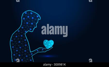 Uomo a reticolo basso in polietilene che tiene in mano un cuore su sfondo blu scuro. Illustrazione Vettoriale