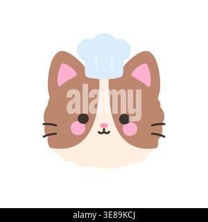 Simpatico viso di gatto marrone kawaii che indossa un cappello da cuoco bianco adesivo con illustrazione vettoriale Illustrazione Vettoriale