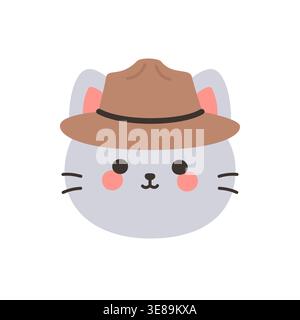 Simpatico viso di gatto grigio kawaii che indossa l'adesivo marrone fedora Hat vettoriale Illustrazione Vettoriale
