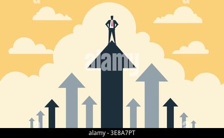 Uomo d'affari in cima alla freccia rivolta verso l'alto che rappresenta il successo della crescita della leadership e il concetto di avanzamento di carriera Illustrazione Vettoriale