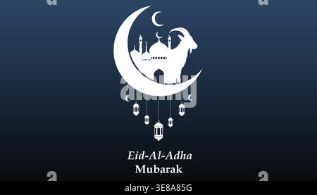 EID al Adha Mubarak saluto con silhouette della moschea a mezzaluna e lanterne che rappresentano il design della celebrazione del festival islamico Illustrazione Vettoriale