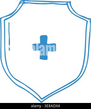 Blue Doodle delinea l'icona dell'assicurazione sanitaria isolata. Schermo di protezione medico con croce, simbolo di sicurezza sanitario, badge di sicurezza ed etichetta di protezione Illustrazione Vettoriale