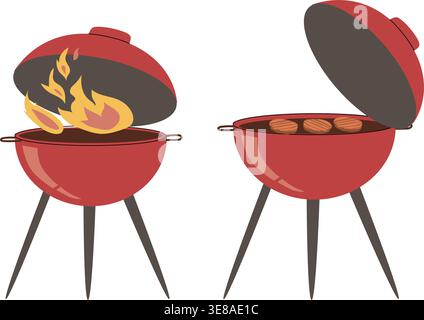 Barbecue con fuoco e bistecche. Illustrazione vettoriale piatta cartoni animati isolata su bianco. Griglia rossa per barbecue all'aperto. Illustrazione Vettoriale