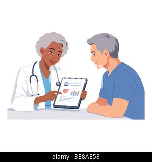Un medico donna in un camice da laboratorio mostra i dati sanitari e i grafici su una compressa a un paziente di sesso maschile in una clinica. Illustrazione Vettoriale