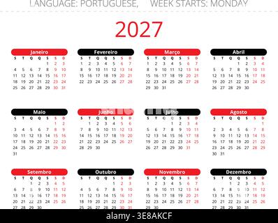 Semplice calendario portoghese 2027 per il portogallo con sfondi mensili neri e rossi Illustrazione Vettoriale