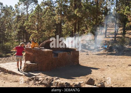 Un gruppo di persone gode di una giornata di sole vicino a un forno tradizionale in argilla, con fumo che sale in aria tra alti pini Foto Stock