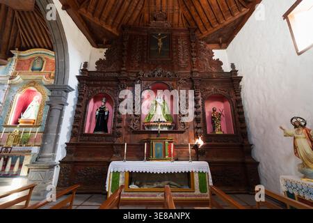 Intricate incisioni adornano la pala d'altare di legno scuro con statue di santi e una raffigurazione di Cristo in una tradizionale chiesa europea Foto Stock