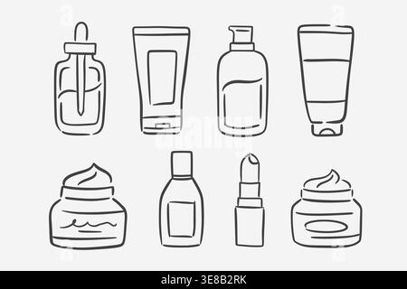 Set completo di prodotti per la cura della pelle in stile pulito Illustrazione Vettoriale