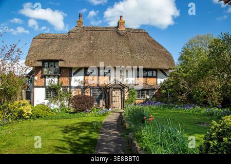 Quintessenza del tetto di paglia cottage di campagna inglese e giardino nella città di Thame nell'Oxfordshire Foto Stock