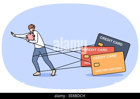 Un debitore è diventato ostaggio di prestiti e sta scappando dalle carte bancarie tenendo in mano il salvadanaio. I problemi di dipendenza del credito sono causati dalla mancanza di libertà di Guy che deve denaro Illustrazione Vettoriale