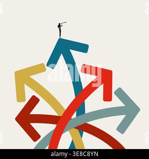 Immagine vettoriale del concetto di leadership della donna d'affari. Ricerca di direzione, scelta dell'organizzazione e crescita. Illustrazione Vettoriale