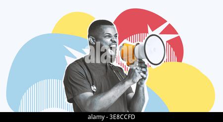 Medico che utilizza Loudspeaker in uniforme blu su sfondo collage durante una presentazione Foto Stock