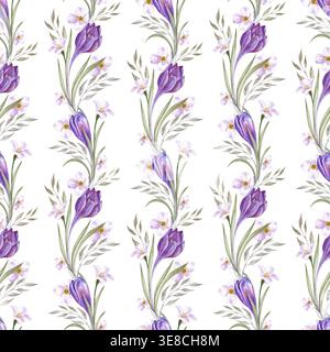 Il motivo ad acquerello senza cuciture presenta eleganti linee verticali di fiori di cocco viola. Il design botanico dipinto a mano include delicati lilla Foto Stock