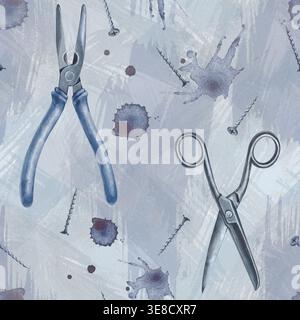 Questo motivo ad acquerello senza cuciture di alta qualità è caratterizzato da un tema industriale vintage. Il design verniciato a mano include pinze, forbici, e. Foto Stock