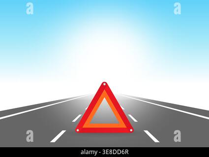 Segnale di emergenza triangolo rosso sulla strada. Illustrazione vettoriale. Illustrazione Vettoriale