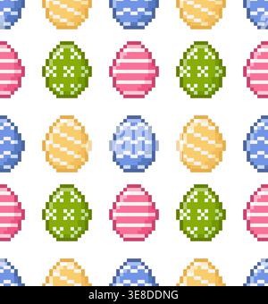 Colorate uova di Pasqua pixelate con motivo senza cuciture. Quattro uova colorate dipinte. elementi a 8 bit in stile retrò. Illustrazione vettoriale. Illustrazione Vettoriale