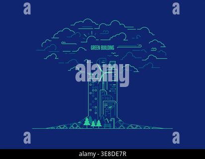 concetto di edificio verde o città verde, grafica di edifici combinati con grande forma di albero Illustrazione Vettoriale
