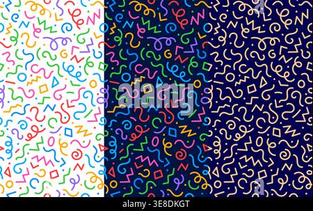 I bambini possono sfoggiare motivi senza cuciture, sfondo per il compleanno delle feste. Ornamento vettoriale con linee colorate vivaci, divertenti e colorate curve di scarabocchietto su due pannelli di bianco e blu. Stampa coriandoli da festa Illustrazione Vettoriale