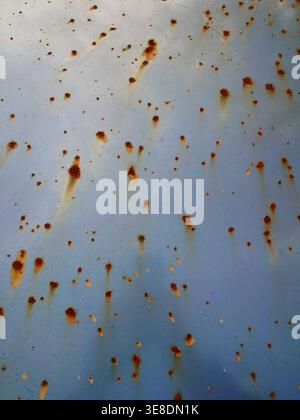 Una vista dettagliata dell'ossidazione su un pannello di metallo azzurro, caratterizzato da numerose piccole macchie di ruggine arancione-marrone e segni di gocciolamento verticali da Weather expo Foto Stock