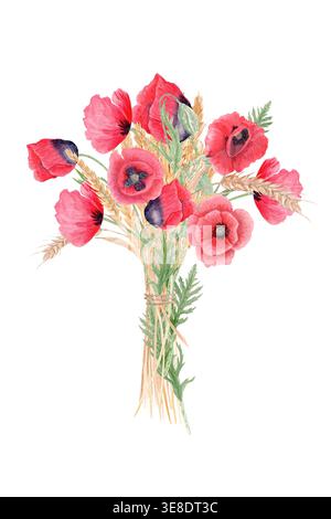 Bouquet di acquerelli rossi di papavero e grano, composizione floreale dipinta a mano isolata su sfondo bianco, perfetto per matrimoni, design, biglietti e stampe Foto Stock