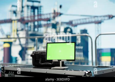 Tablet con schermo verde utilizzato per ispezionare l'integrità dell'infrastruttura della piattaforma offshore. Dispositivo chiave Chroma sulla nave del carro di perforazione utilizzato per rilevare malfunzionamenti nelle condutture sottomarine, colpo ravvicinato Foto Stock