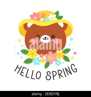 Simpatico orso marrone kawaii in cappello giallo con fiori primaverili testo Hello Spring su sfondo bianco illustrazione vettoriale Illustrazione Vettoriale