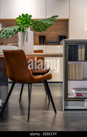 Sedia in pelle marrone accanto a un tavolo in legno. Moderna sala da pranzo interna con impianto. Foto Stock