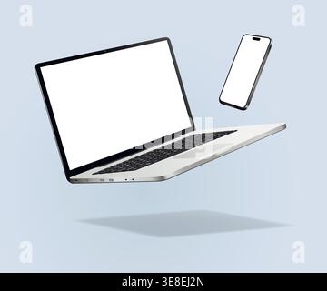 Caduta di laptop e smartphone isolati su sfondo blu. Illustrazione vettoriale. Illustrazione Vettoriale