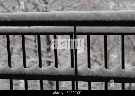 neve pesante raccolta su ringhiere di ferro, montanti (macro, primo piano, stagionale) Foto Stock