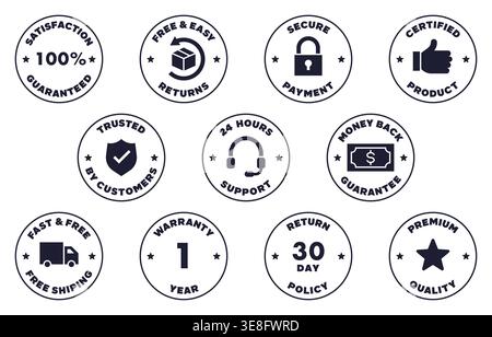 Set di badge monocromatici di garanzia vettoriale con politica di restituzione sicura dei pagamenti e icone di supporto Illustrazione Vettoriale