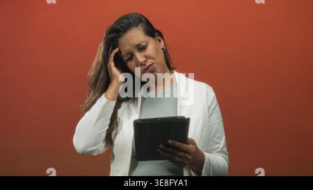 Donna che tiene il tablet con la mano sulla testa e che sgombra in studio mentre legge e tocca il touchscreen; frustrazione. Foto Stock