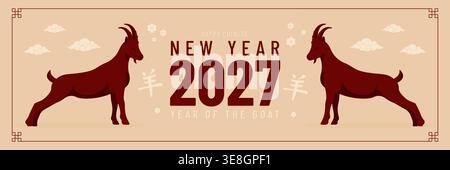 Felice Capodanno cinese 2027 anno della capra illustrazione vettoriale orizzontale striscione. Illustrazione Vettoriale