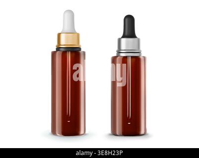 Mockup realistico di flaconi per siero cosmetico con contagocce, set vettoriale isolato su sfondo bianco. Contenitori trasparenti in vetro marrone con tappo nero, dorato e argento, confezione di prodotti per la cura della pelle Illustrazione Vettoriale