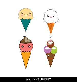 Carino set di personaggi Ice Cream - coni di cartone Kawaii con volti sorridenti per dessert e illustrazione estiva Illustrazione Vettoriale