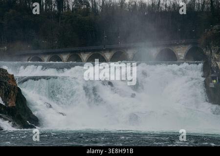 Vista delle Cascate del Reno che sfoggiano la sua potenza grezza, un torrente di acqua bianca in contrasto con le rocce scure e muschiate e il ponte ad arco, Schaffhausen, Foto Stock