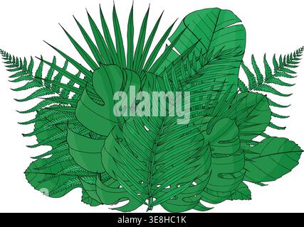 Composizione di foglie tropicali con monstera e fogliame di palme. Cluster botanico verde. Elemento di design esotico nella giungla per l'invito al matrimonio estivo o per il pac Illustrazione Vettoriale