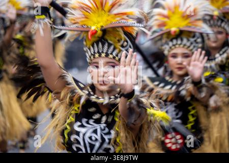 Danza Pangkur sagu dalla Papua centrale al carnevale DI BEN. Questa danza è un simbolo di apprezzamento per la crescita di alberi di sago sulla fertile pianta papuana Foto Stock