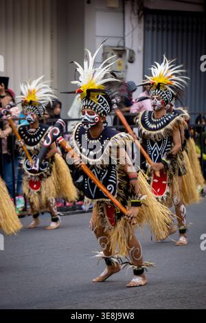 Danza Pangkur sagu dalla Papua centrale al carnevale DI BEN. Questa danza è un simbolo di apprezzamento per la crescita di alberi di sago sulla fertile pianta papuana Foto Stock