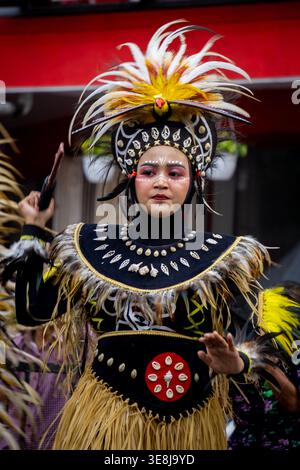 Danza Pangkur sagu dalla Papua centrale al carnevale DI BEN. Questa danza è un simbolo di apprezzamento per la crescita di alberi di sago sulla fertile pianta papuana Foto Stock