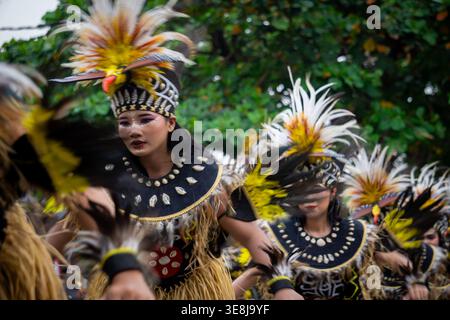 Danza Pangkur sagu dalla Papua centrale al carnevale DI BEN. Questa danza è un simbolo di apprezzamento per la crescita di alberi di sago sulla fertile pianta papuana Foto Stock