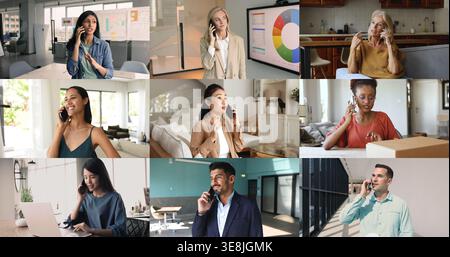 Diversi uomini e donne giovani e anziani che parlano al telefono Foto Stock