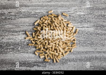 Piccoli pellet di legno dorato sparsi su una superficie di cemento testurizzato, che rappresentano combustibile da biomassa, riscaldamento rinnovabile, combustibile per stufe ed energia sostenibile Foto Stock