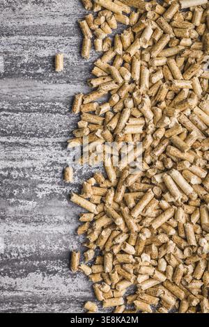 Piccoli pellet di legno dorato sparsi su una superficie di cemento testurizzato, che rappresentano combustibile da biomassa, riscaldamento rinnovabile, combustibile per stufe ed energia sostenibile Foto Stock