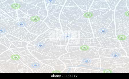 Mappa di navigazione della città con i perni di posizione e le icone direzionali illustrazione vettoriale Illustrazione Vettoriale