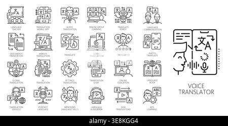 Icone di traduzione in lingua inglese, dizionario e traduzione, pittogrammi vocabolari e vocali set lineare che raffigura strumenti di comunicazione, come traduttore vocale, intelligenza artificiale, app mobili, documenti e competenze Illustrazione Vettoriale