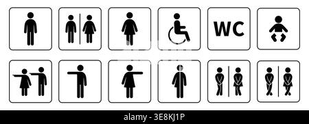 Set completo di icone per servizi igienici e servizi igienici, tra cui uomo, donna, unisex, accesso per disabili, spogliatoi per bambini, simbolo WC e simboli direzionali. Illustrazione Vettoriale