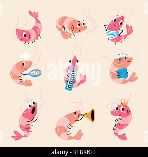 Personaggi di gamberi dei cartoni animati. Pesce divertente, gamberetti suonano musica, cucinano, leggono. Mascotte per bambini, animali subacquei nautici, set vettoriale di neve Illustrazione Vettoriale